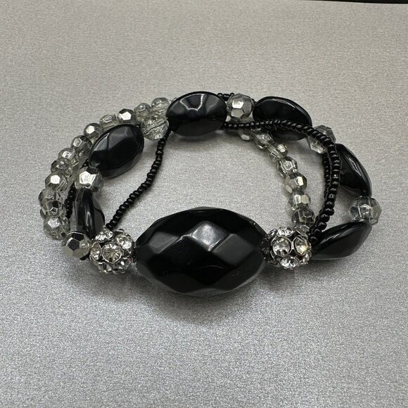 Beaded Stretch Bracelet Black Faceted Multi Strand Rhinestone Acrylic Chunky - Picture 2 of 11